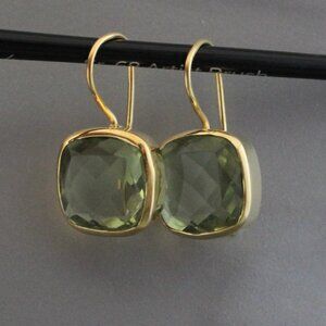 Prasiolite Gemstone Earrings: Gold Plated Green Amethyst Dangles